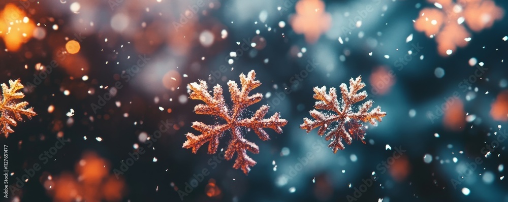 Poster this winter setting presents colorful snowflakes floating gently against a dark bokeh background.