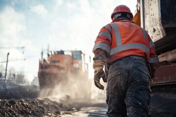 Construction worker on site in harsh midday light, dusty atmosphere , with copy space