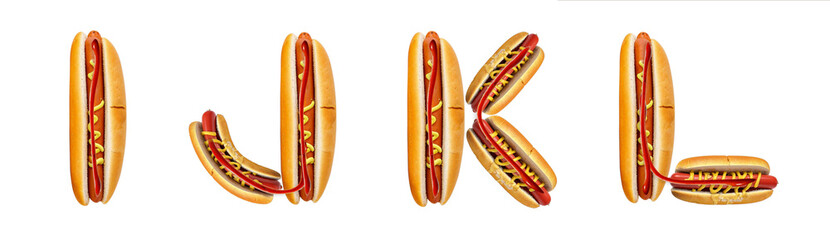 Letters I, J, K, L made from a hot dog