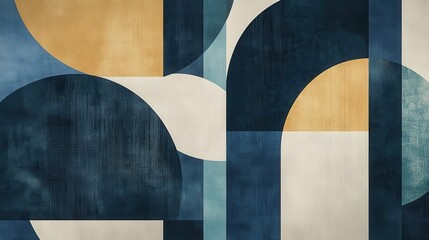 Abstract Geometric Art Featuring Blue Gold and Beige Tones
