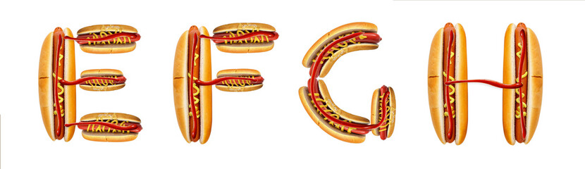 Letters E, F, G, H made from a hot dog