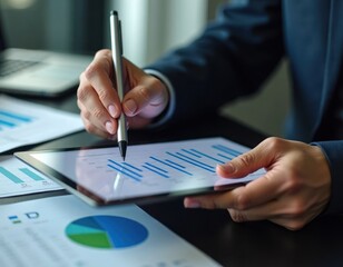 Businessperson examines tax return details on digital tablet. Consultant uses digital pen to highlight data points on chart. Expert analyzes financial information for clients. Tax consultation in