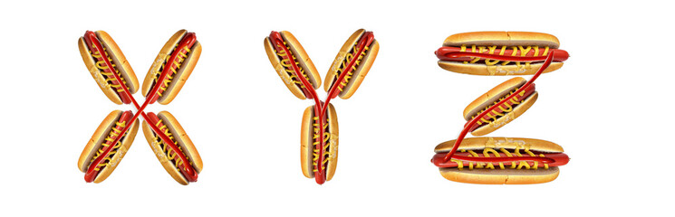 Letters X, Y, Z made from a hot dog