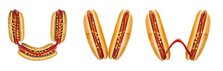Letters U, V, W made from a hot dog