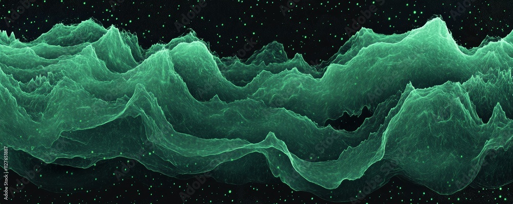 Poster this background is composed of glowing green particles that are moving in a wave-like pattern, creat