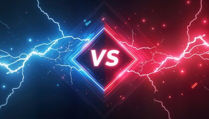 Versus logo design for cyber sport tournament screens. Neon lighting in blue, red. Abstract holographic background with lightning. Competitive game concept. Tournament banner template. Modern design.