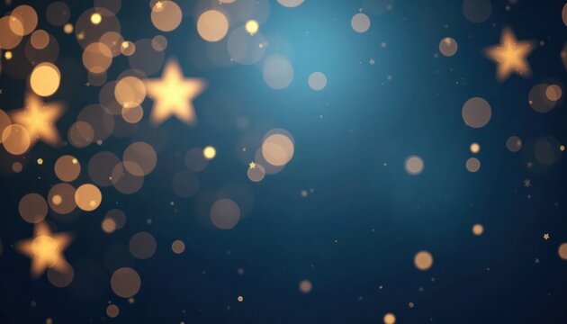 Festive blurred bokeh lights create abstract festive background. Golden stars and circles twinkle on dark blue backdrop. Perfect for Christmas and New Year celebrations.