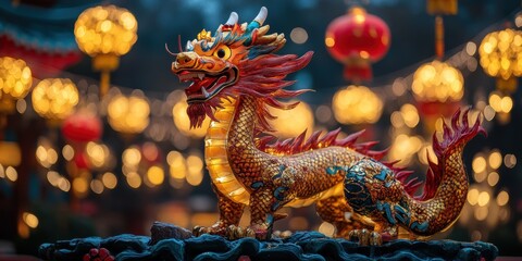 Obraz premium An ornate and intricately detailed dragon sculpture is beautifully illuminated against an enchanting backdrop of glowing lanterns, capturing cultural essence and artistry.