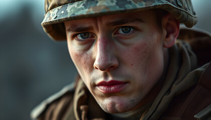Obraz premium Have no heart, but it hurts. Close up portrait of young male soldier. Man in military uniform on the war. Depressed and having problems with mental health and emotions, PTSD, rehabilitation isolated