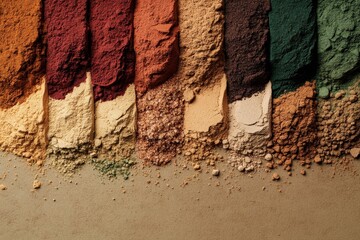 Vibrant Array of Natural Pigments and Powders Spread Out on a Neutral Background for Creative Uses in Art, Craft, and Design Projects