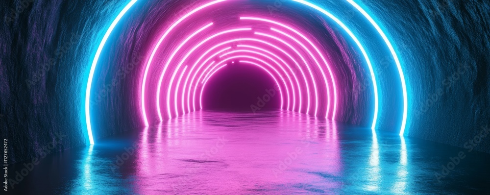 Poster three-dimensional render of an abstract neon background with glowing blue and pink lines in the shap