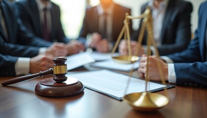 Lawyers, officials deliberate over documents in detailed discussion setting. Gavel, scales symbolize justice. Serious discussion of legal matters takes place. Officials examine contracts carefully.
