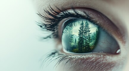 A human eye with the reflection of nature and trees in it