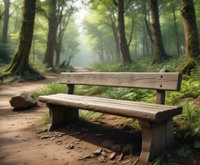 Weathered wooden bench at a fork in forest trail, nature, adventure, destination, outdoor