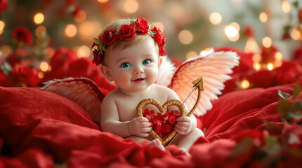 Fototapeta premium A baby, dressed as Cupid, holds a heart-shaped object, radiating pure joy. valentine's day