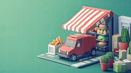 Fototapeta premium Red Delivery Van at Mini Grocery Store: Fresh Produce and Bakery Goods Delivery Service