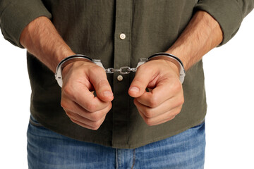 Man in metal handcuffs on white background, closeup