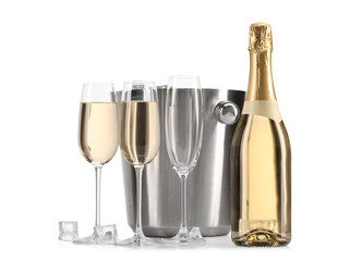 Champagne and bucket with ice isolated on white