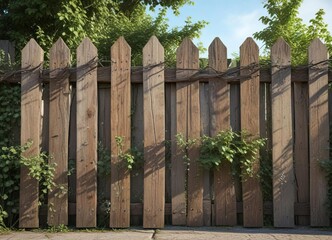 Fototapeta premium Weathered wooden fence with vines crawling up, weathered, rustic, wooden fence, growth, aged