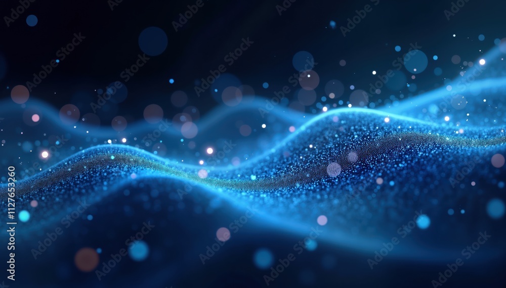 Aufkleber Abstract digital illustration shows glowing blue particles forming wavy patterns. Dynamic tech design evokes concept of futuristic data transfer, cyber connections. Sparse glowing particles create