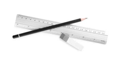 Ruler, pencil and eraser isolated on white, top view