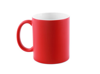 One blank red ceramic mug isolated on white. Mockup for design
