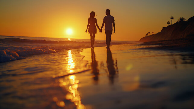 A couple strolls along the sandy beach, holding hands as the sun sets, casting a golden glow over the water and creating beautiful reflections on the shore - Generative AI
