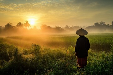 Fototapeta premium Farmer in field at sunrise in misty morning light, rich textures , with copy space