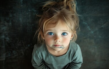 A little girl with messy hair and blue eyes․ The background shows a rough texture on the chalkboard. 