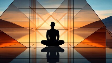 Peaceful silhouette meditating with a serene sunset over the ocean in a double exposure image.