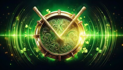 St Patrick’s Day, The Drum of Luck--_An abstract Celtic drum pulses with rhythmic energy, emitting waves