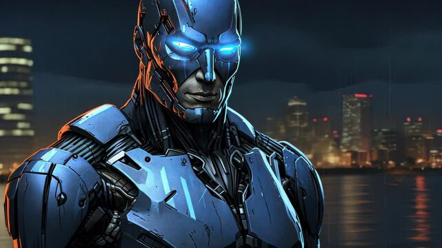 Vivid digital painting showcases benevolent guardian protecting futuristic city from harm, evoking awe and admiration.