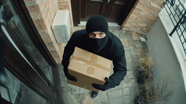 cctv surveillance shot of a thief stealing a parcel from someones home