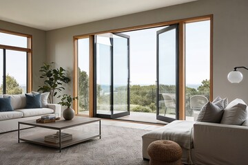 Fototapeta premium Modern Glass Frame Windows for a Neutral Interior Aesthetic