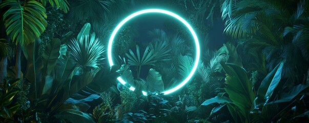 Tropical Plants Illuminated with White Fluorescent Light. Jungle Environment with Circle shaped Neon Frame.