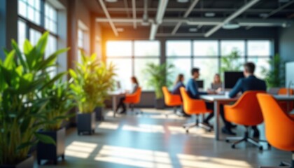 Modern office space with vibrant orange chairs, green plants. Natural light fills open plan area. People work at desks. Dynamic work environment. Bright, inspiring workspace. Trendy design, eco