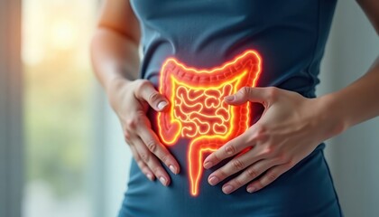 Woman holds hands on lower abdomen. Intestines highlighted in orange. Suggests digestive health issue abdominal pain. Medical illustration. Possible scenarios include digestive problems, food