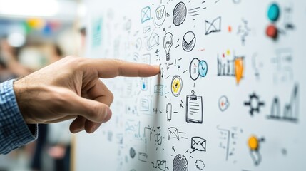 A hand points to a whiteboard covered with various hand-drawn business ideas and diagrams