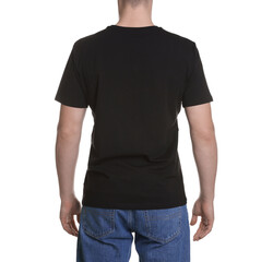 Obraz premium Man in stylish t-shirt on white background, back view. Mockup for design