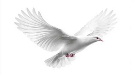 Naklejka premium Majestic white dove in free flight, set against a seamless white background, ideal for peace and tranquility themes