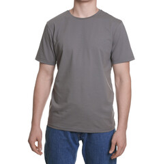 Man in stylish t-shirt on white background, closeup. Mockup for design