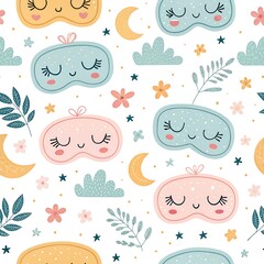 Cute sleep mask seamless pattern. Good night or relaxing theme background in pastel colours. Vector illustration in flat style.
