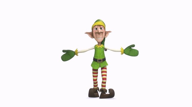 santa helper elf cartoon is doing a baw man and lady an also waving and showing the way