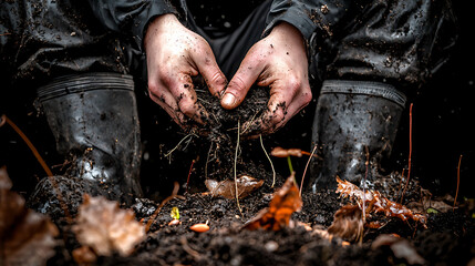 Obraz premium Gardener preparing soil for spring planting, hands in dirt, nature