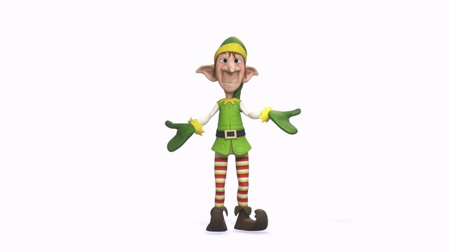 santa helper elf cartoon is talking and also waving