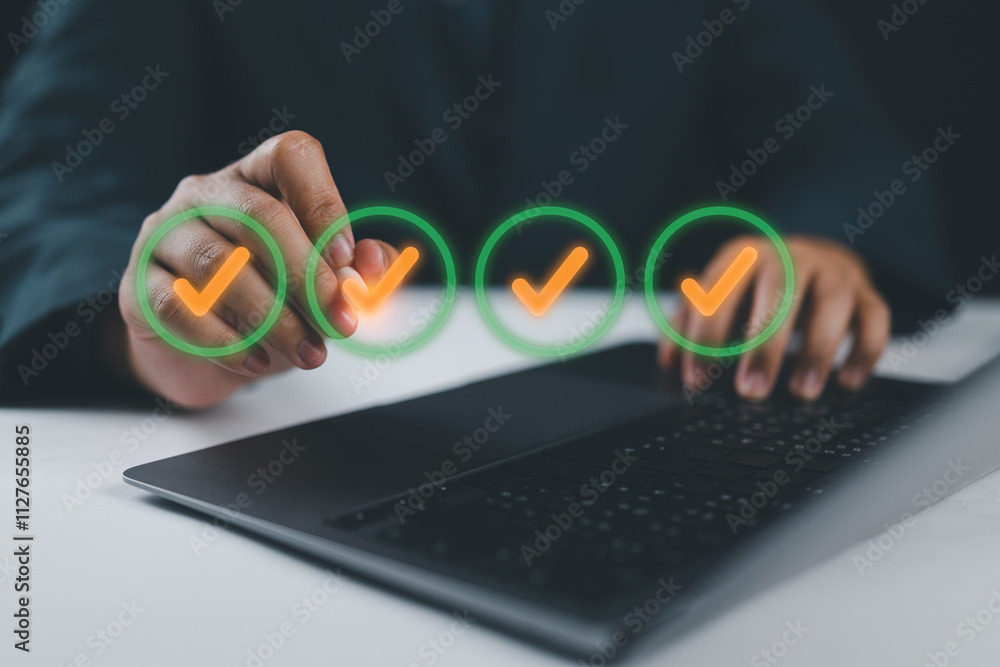 Poster quality check, businessman makes a checklist assessment and questionnaire, businessman using smartph