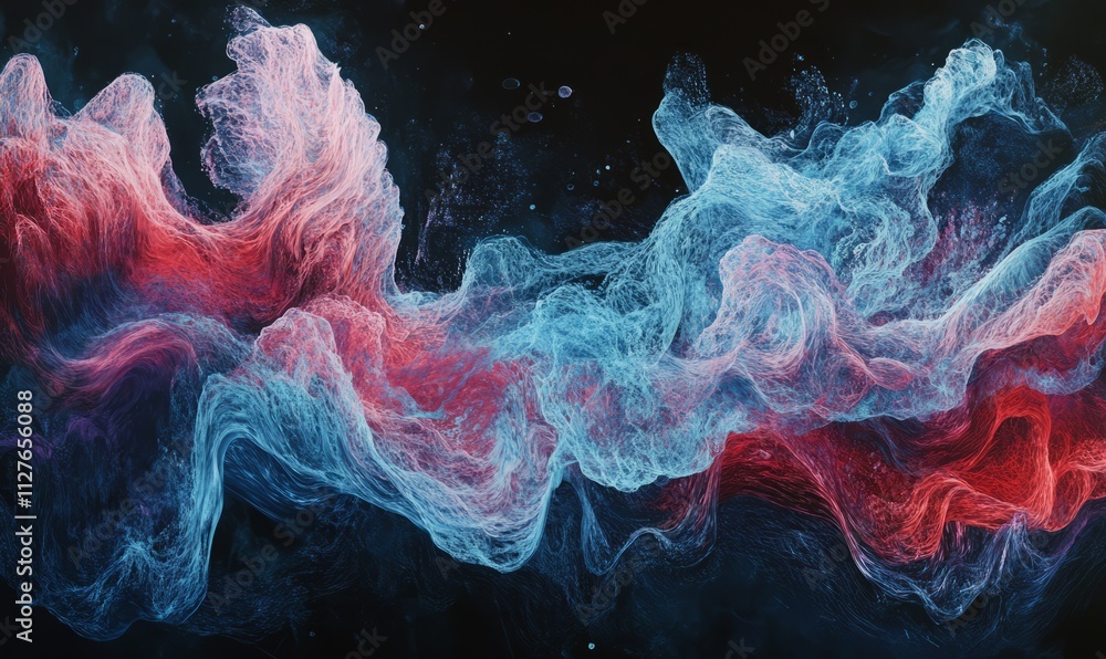 Poster waveforms in blue and red, with a dark background, creating an ethereal and dynamic visual.