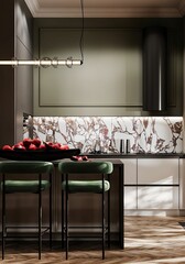 3d render of modern kitchen interior design with marble and stone wall