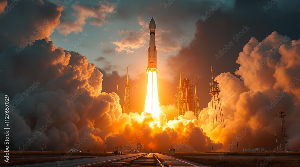 Poster rocket launch with dramatic clouds