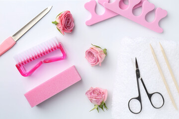 Set of pedicure tools on light background, flat lay